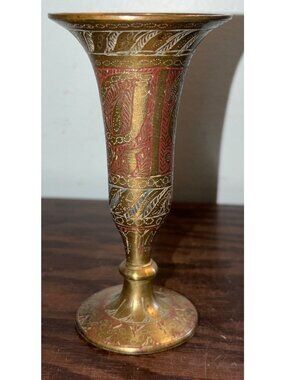 Vintage Etched Brass Bud Vase Red/White Floral Detailing 5" Tall Antique Decor